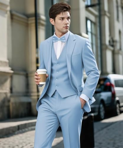 Men's Suit Slim Fit 3 Pieces Suit Set Two Button Solid Blazer Business Wedding Party Prom with Tie3