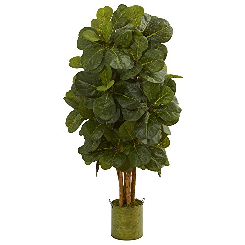 Nearly Natural 5717 Fiddle Leaf Artificial Tree in Green Tin Planter, 4.5'