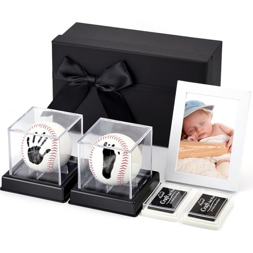 Image of Yulejo 2 Pcs Baby Hand and Footprint Kit Baby Baseball Handprint Ornament Kit Baby Handprint Footprint Keepsake Kit Baseball Baby Shower Gifts for Boys New Moms Dads Newborn Gifts, white, red, black