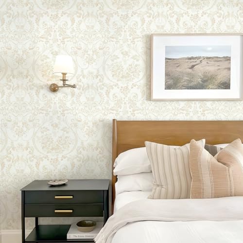 Ismoon Floral Peel and Stick Wallpaper Vintage Beige Contact Paper Watercolor Damask Wallpaper Boho Waterproof Removable Self-Adhesive Wall Paper for Bedroom Shelf Cabinet Décor 17.3in x 6.56ft — view 2