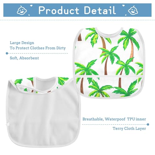 MCHIVER Green Palm Trees Baby Bibs for tag1 Waterproof Feeding Bib Apron with Food Cather Adjustable Cotton Food Eating Bib 2 Pack3