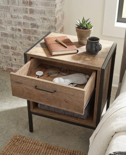 Image of Sierra Side Table with Drawer & Open Storage Shelf | Engineered Wood Bedside Table with Powder-Coated Metal Frame | Modern End Table for Bedroom & Living Room | Rustic Reclaimed Wood Finish