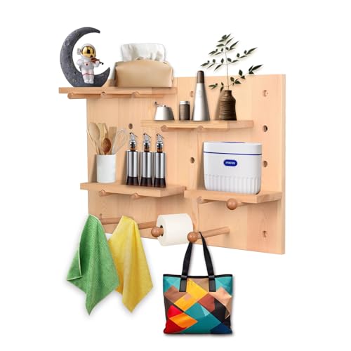 Wooden Pegboard, Pegboard Shelf,Sturdy PegBoard Wall Organizer,Applicable to:Peg Boards For Walls, office pegboard, Decorative Display ，2 Sets Of 11.8in*15.7 Hole Board Wall Shelves(Wood color)