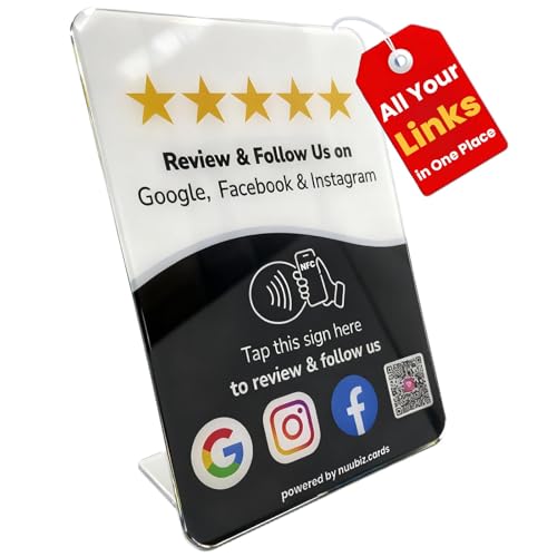 Review Tap Card Stand for Google & Follow Us on Social Media Sign for Instagram, Facebook – Multilink Business NFC Review & Follow Us QR Code Sign – Tap or Scan to Boost Reviews & Followers – No App/Fees