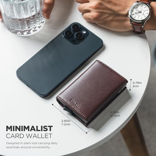 Image of VULKIT Credit Card Holder with Banknote Compartment RFID Blocking Pop up Leather Card Wallet with ID Window, Top-Grain Cowhide Epresso, Minimalist