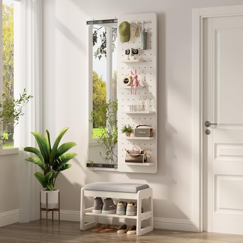 Image of KungFuWood Full Length Mirror with Shelf and Hooks,Entry Way Mirrors for Wall,Wall Mirror with Shelf,Wall Mirror with Storage Multifunctional Design Panel,Living Room (White, 63 inch L x 18 inch W)