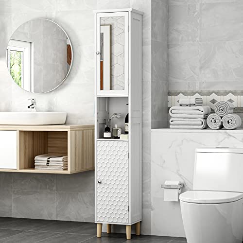 SogesHome Armario de baño de 3 niveles con estante abierto, armario de baño alto independiente con 1 puerta de espejo, muebles de almacenamiento para baño, sala de estar, dormitorio