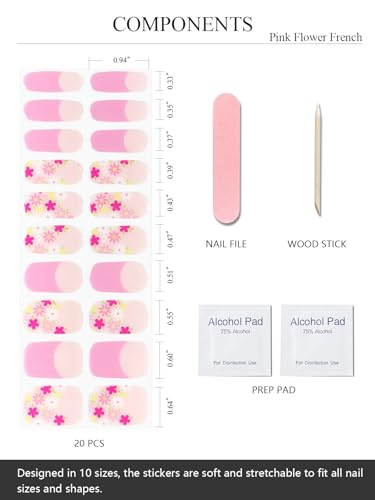 AutyaMee Semi Cured Gel Nail Strips (Pink Flower French), Summer, 20 Pcs Gel Nail Wraps, Stickers, UV Light Required, Salon Quality, Long Lasting