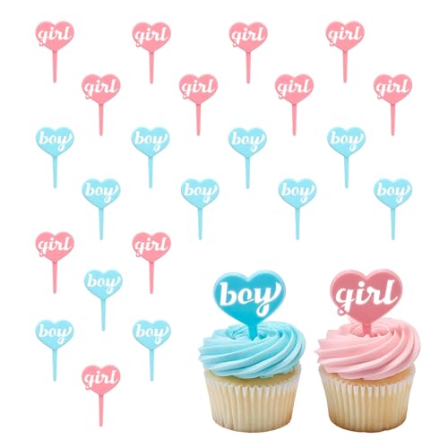 Boy Girl Cake Toppers, 24 Gender Reveal Cupcake Decorations, Blue