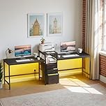 OYRREU 236cm Long Double Desk with Charging Station, LED Computer Gaming Desk with Drawers&Printer Shelf, Home Office Desk, 2 Person Writing PC Study Work Table for Home Office Workstations,Black