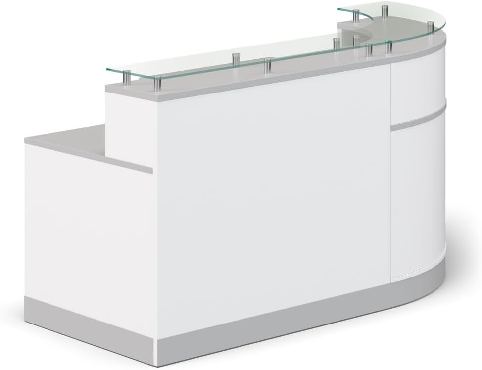 NBF L Shaped Modern Reception Desk with Counter - 79" W x 63" D Retail Checkout Counter - Curved Front Desk Reception Station - Countertop Welcome Station for Office Lobby Salon Store (White)