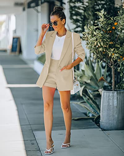 Women's 2 Piece Open Front Long Sleeve Blazer And Solid Short Pants Suit Sets Beige #TOP1
