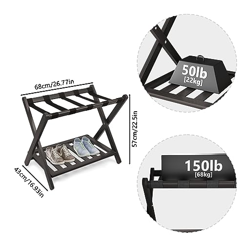 Smuxee Fully Assembled Luggage Rack for Guest Room, Upgraded Bamboo Foldable Suitcase Stand with 5 Nylon Straps, Luggage Holder with Shelf for Bedroom Hotel (Black Luggage Rack 1pcs)