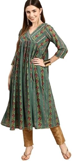 Amazon Brand - Tavasya Women Pure Cotton A-Line Fit Designer Kurta V-Neck | 3/4th Sleeves