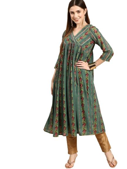 Amazon Brand - Tavasya Women Pure Cotton A-Line Fit Designer Kurta V-Neck | 3/4th Sleeves