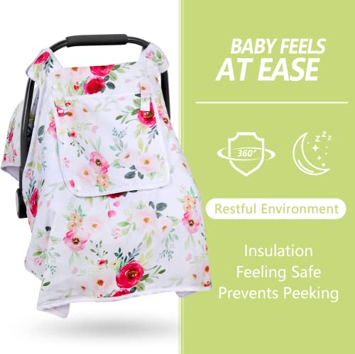 Baby Car Seat Cover, Infant Carseat Canopy With 3 Layers Windows, Breathable Mesh Peep Window, Kick-Proof Carrier Cover For Boys Girls, Windproof Stroller Cover Shower Gift For Newborn (Flower) #TOP2