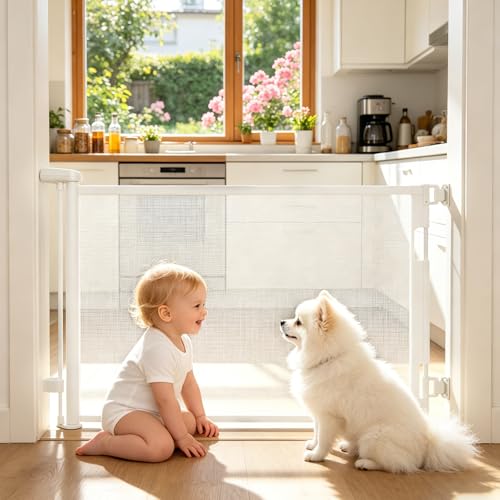 Miniatura 10 de Dioxide Puerta Seguridad Retráctil Para Bebés Y Perros, 0-150cm Extensible Vallas Para Perros, Barrera Para Escaleras, Valla Seguridad Infantil Ideal Para Pasillos Y Puertas Blanco