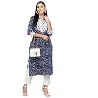 ROYALINK Indian Women's Girls Tunic Tops Crepe Floral Print Straight Kurti Kurta, Blue, Medium