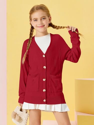 Image of Girls Cardigans Kids Fashion Open Front Long Sleeve Knit Sweaters Outerwear with Pockets 5-14 Years