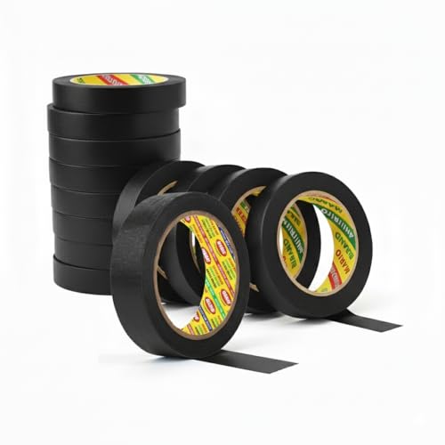 Mario Black Masking Tape - 20 Meter Length, 6mm Width – Strong Adhesion Tape for DIY, Labelling, Carpenter & Painting Use – Easy Tear, No Residue – Pack of 12 Rolls