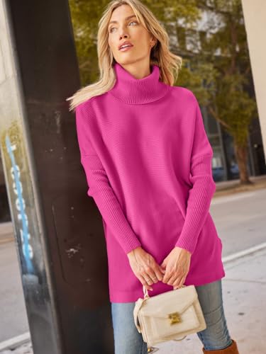 Image of LILLUSORY Women's Turtleneck Oversized Sweaters Long Batwing Sleeve Spilt Hem Tunic Pullover Knit Tops