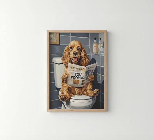 Image of Cocker Spaniel on Toilet Wood Framed Wall Art Print Poster, Dog Bathroom Humor Decor Posters Prints for Restroom Home Picture Painting Artwork Gallery 7 (Cocker Spaniel, 11 inchW x 14 inchL, Wood Frame)