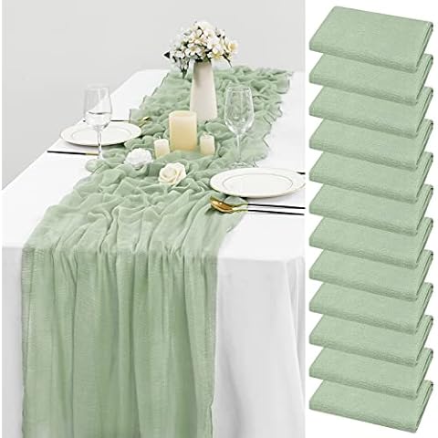 12 Stück salbeigrüne Seihtuch-Tischläufer, 3 m, Boho-Gaze, Käsetuch, Tischläufer, Boho-Dekoration, rustikale Dekorationen für Hochzeitsempfang, Brautparty, Babyparty Cover