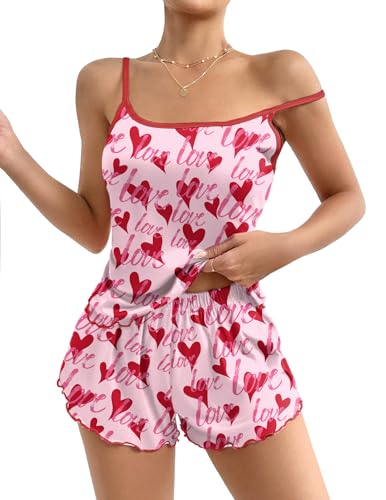 Image of Ekouaer Womens Cami Pajama Sets 2 Piece Cute Print Pjs Soft Tank Top & Elastic Waist Shorts Camisole Lounge Set