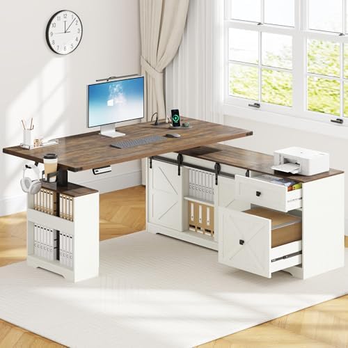 63" Farmhouse Electric Standing Desk Adjustable Height Sit Stand Corner Stand Desks, L Shaped Standing Computer Desk with Power Outlets & Storage Drawers & Sliding Door for Home Office, White - Thumbnail 2