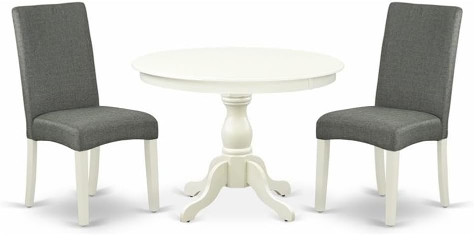 East West Furniture HBDR3-LWH-07 3 Piece Dining Set Contains a Round Dining Room Table with Pedestal and 2 Gray Linen Fabric Upholstered Parson Chairs, 42x42 Inch, Linen White