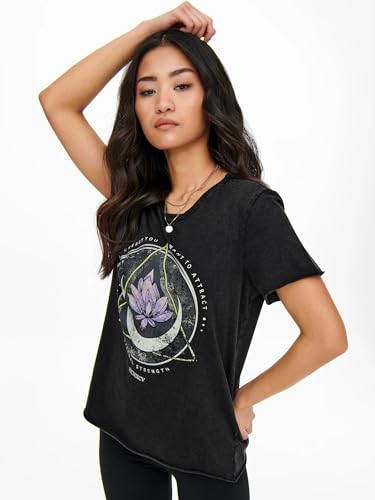 Image of Only Women's ONLLUCY Life REG S /S Western TOP Box JRS T-Shirt, Black /Print: