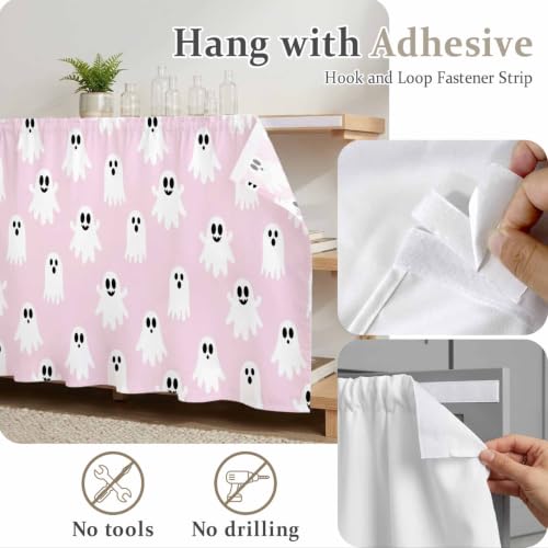 Kitchen Cabinet Curtains Cute Ghosts Halloween Sink Skirt for Bathroom Pink White Funny Art Dishwasher Curtain Cover Under Desk Curtain Skirt Privacy Drape for Classroom Laundry Closet Decor 28"x35" - Image 4