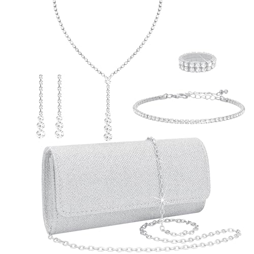 NEWITIN Purse Rhinestone Jewelry Set for Women Prom Jewels Crystal Clutch Purse Necklaces Rings Bracelets Earrings Silver Jewelry Set for Women Bride