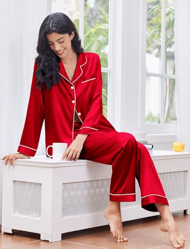 Image of Ekouaer Women's Classic Button Down Long Satin Silk Pajama Set