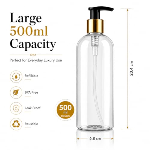 Image of Prakash Empty Plastic Pump Bottles Dispenser 500ml Portable Shampoo Lotion Hand Bottle (Transparent Golden Pump 500ML, Pack of 6)