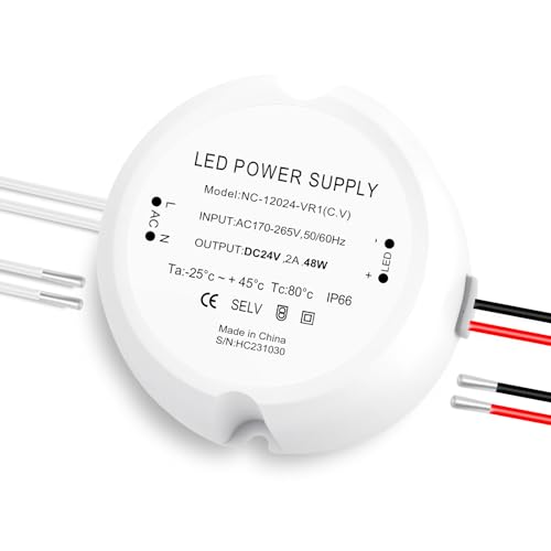 Transformador 220V a 24V 48W, 2A Fuente Alimentacion 24V, Transformador 24V LED Driver Controlador AC a DC, IP66 Impermeable Fuente de Alimentación Voltaje Constante para GU5.3 MR16 Bombillas Luc