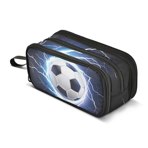 Image of Soccer Ball Lightning Pencil Case Large Capacity Pencil Pouch Boys Girls 3 Compartment Pen Bag School Office Stationery Organizer