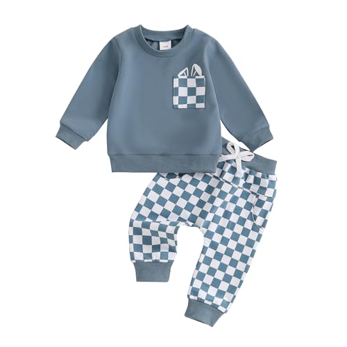 Image of LIOMENGZI Toddler Baby Boy Fall Outfit Contrast Sweatshirt Pullover Pant Set Infant Checkerboard Clothes 12 18 Months 2T 3T