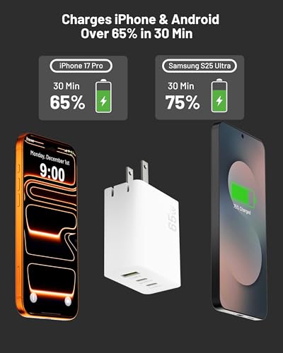 Image of 65W USB C Charger, 3-Port Foldable GaN Fast Charger with 4ft Cable | 2 USB-C PD & 1 USB-A, Compact Travel Design, Type C Charger Fast Charging, for iPhone 17 /16 /15, Galaxy S26 /S25, iPad, MacBook