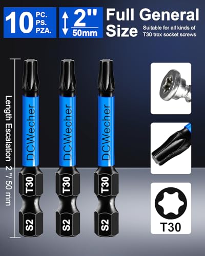 Image of DCWecher 10-Pack T30 Torx Bit 2-Inch, T 30 Torx Bit Impact Magnetic | T30 Torx Star Bits for Impact Driver, S2 Steel, CNC Tips, 1 /4-Inch Hex Shank for Power Drill, Decking, Auto and Furniture