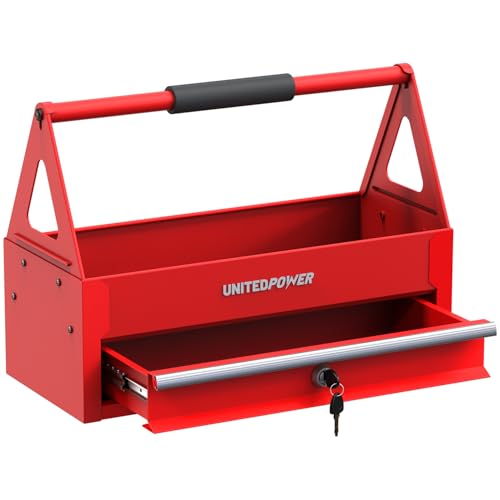 UNITEDPOWER Handy Tool Box With 1 Drawer,Portable Metal Tote Tray with comfortable grip handle, Tool Organization for Household, Warehouse, Repair Shop, Red