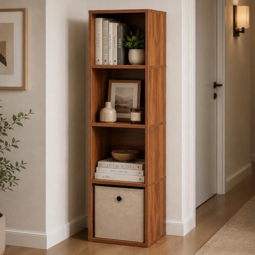 Image of 4 Cube Storage Organizer Wooden Bookshelf, 4 Cube Shelf Bookcase, Small Bookshelf Storage Organizer, 4 Cube Storage Shelf for Bedroom, Small Bookshelf for Living Room and Office (Natural)