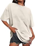 Oversized Tshirts for Women Short Sleeve Crew Neck Vintage Washed Basic Loose Casual Tees, Light Beige, L