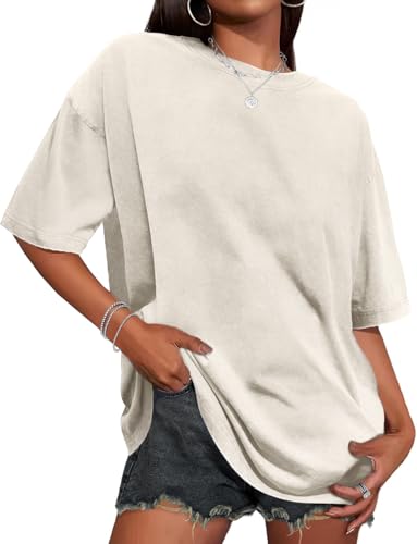 Oversized Tshirts for Women Short Sleeve Crew Neck Vintage Washed Basic Loose Casual Tees, Light Beige, M