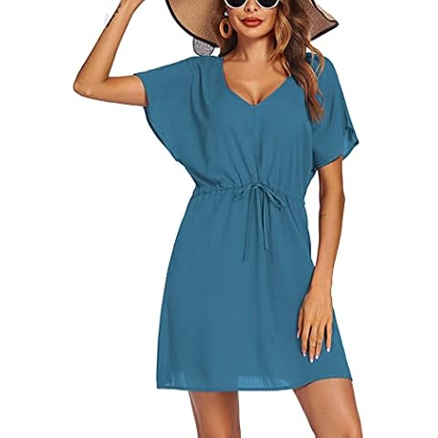 Ekouaer Women's Cover Up Short Sleeve Beachwear Coverups Loose V-Neck Bikini Beach Tunic Top, Grey Blue-01, XX-Large Cover