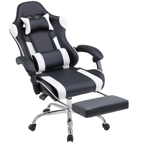 DUMOS Ergonomic Gaming Desk Chair - PU Leather Recliner with Footrest, Lumbar Support, Headrest, Fixed Armrests, Height Adjustable, 360° Swivel, White, for Adults
