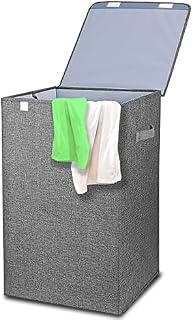 GVTECH Large Capacity Laundry Baskets Linen Fabric Collapsible, Storage Basket with Lid and Handles, Suitable for Bedrooms, Laundry Room, Bathroom (Grey, 34 x 34 x 58 Cm (67L))