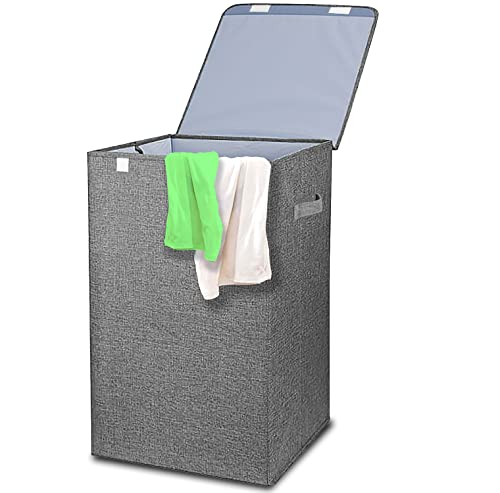 GVTECH Cestas de lino de gran capacidad, plegable, cesta de almacenamiento con tapa y asas, apto para dormitorios, lavadero, baño (gris, 40 x 40 x 63 cm (100 L) Cover
