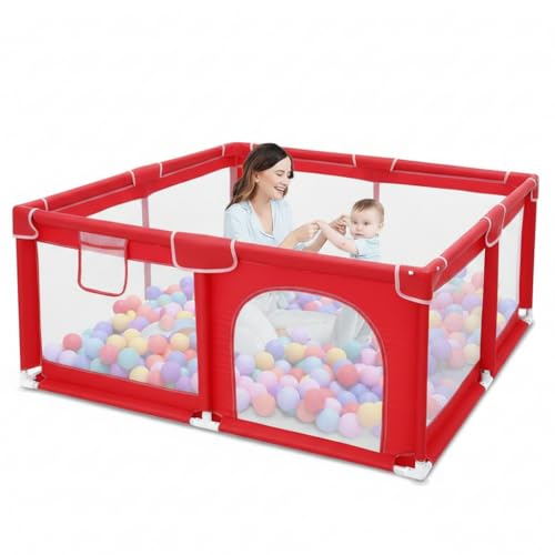 Image of ShivAnanta Foldable Baby Playpen Safety Fence for Kids Indoor Play Area with 30 Pit Ball Breathable Mesh, Anti Slip Base, Toddler Play Yard for Crawling, Playing & Learning Activity Play Center 3+ Years (Red)