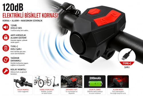 120 dB USB Type-C Şarjlı Bisiklet Kornası ve Anti Hırsızlık Alarmı | Elektrikli Bisiklet Zili | Scooter, Mtb ve Yol Bisikleti Uyumlu | 200 mAh Batarya